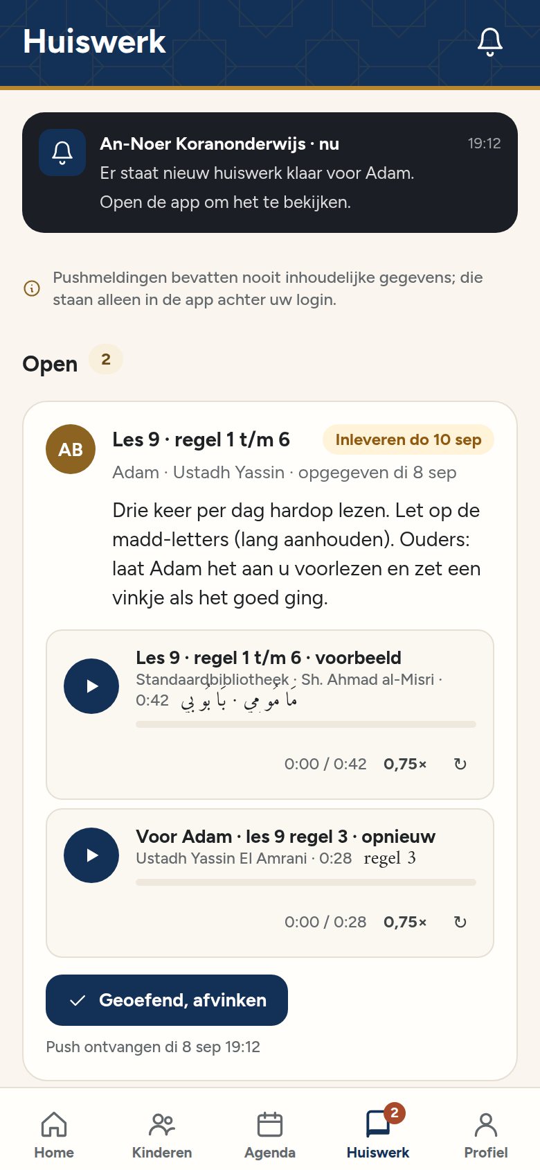 Huiswerkscherm van de ouder